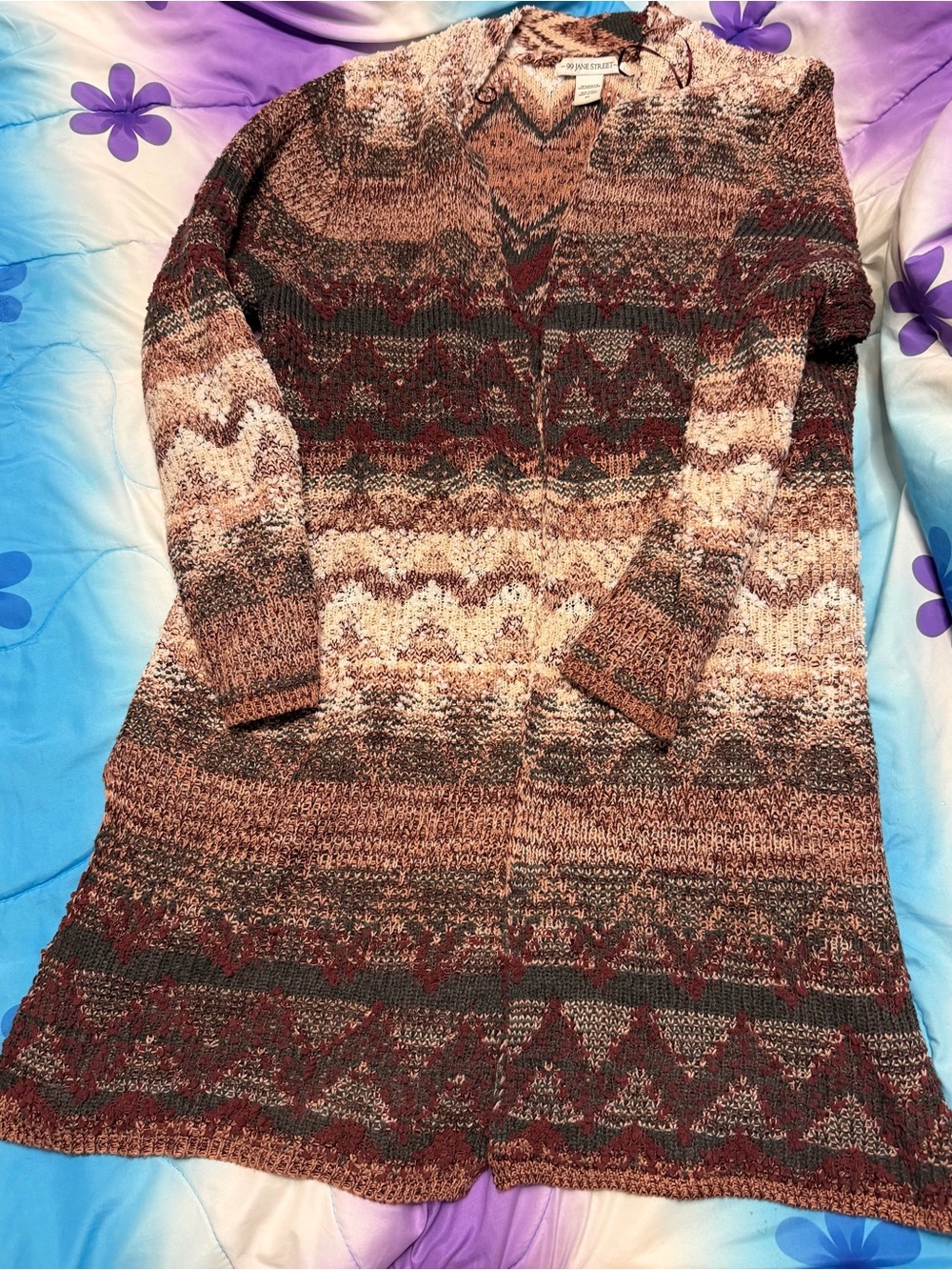 Long Open-Front Knit Cardigan in Brown, Cream & Burgundy